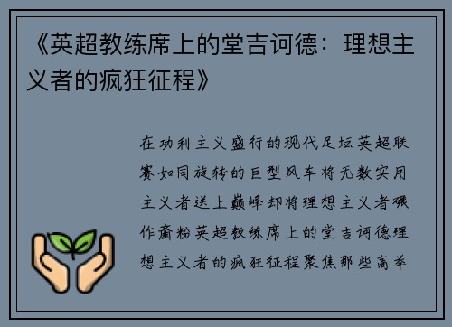 《英超教练席上的堂吉诃德：理想主义者的疯狂征程》