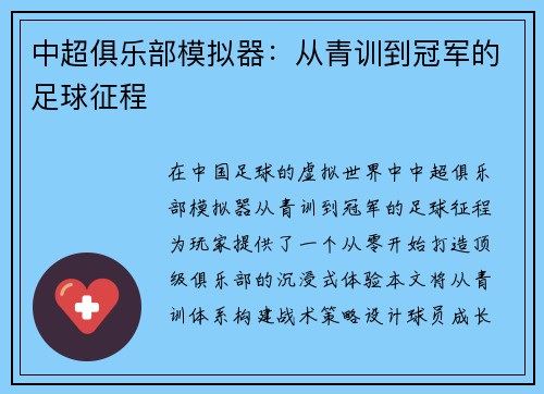 中超俱乐部模拟器：从青训到冠军的足球征程